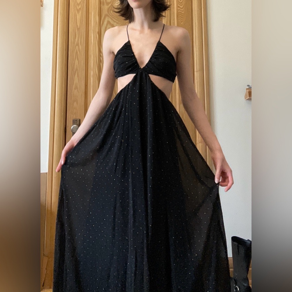 Black Halter Cut-Out Gown with Rainbow Gems!
